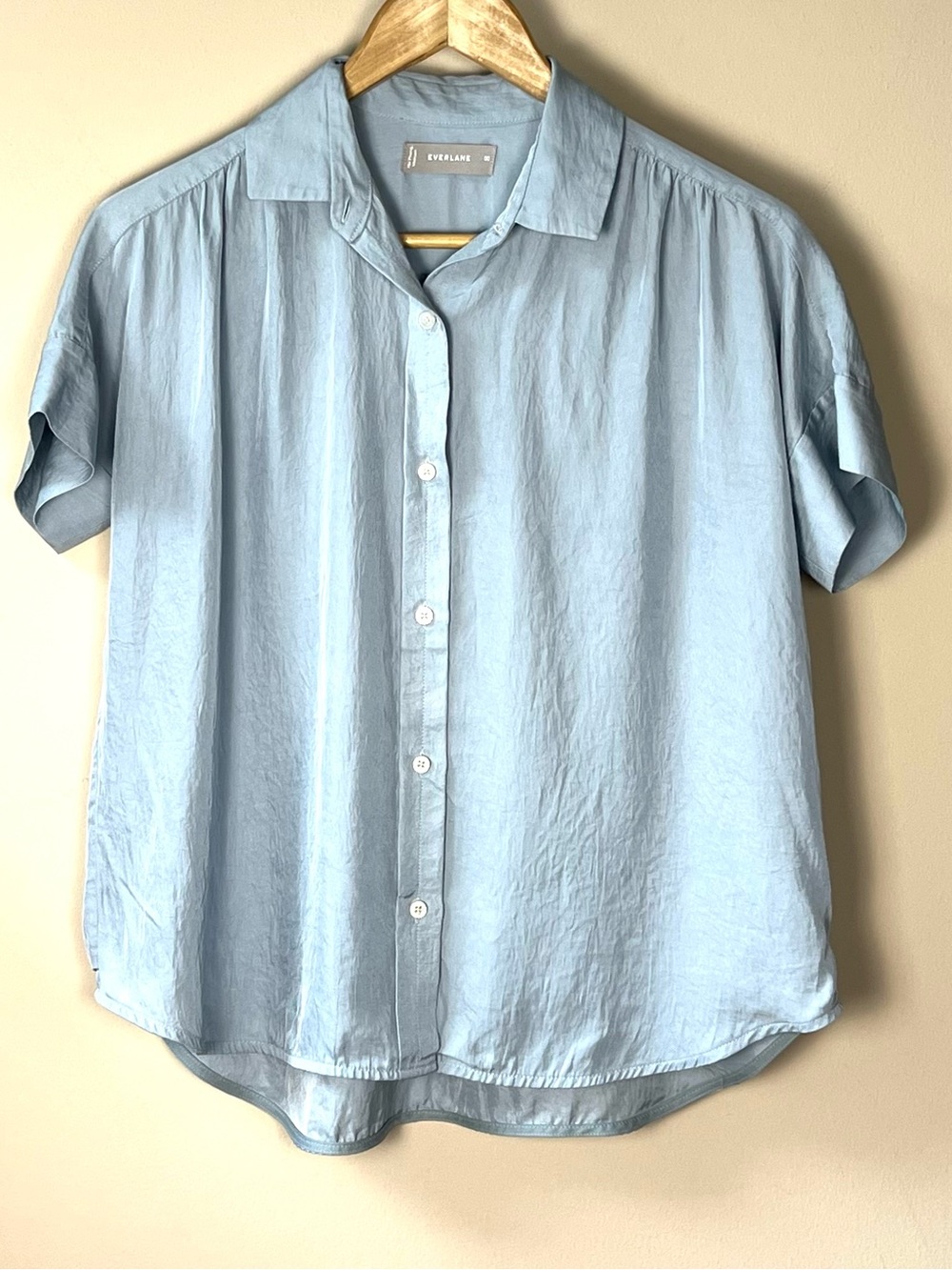 Everlane Blue The Boxy Washable Silk Short-Sleeve Button-Down Shirt Size 00